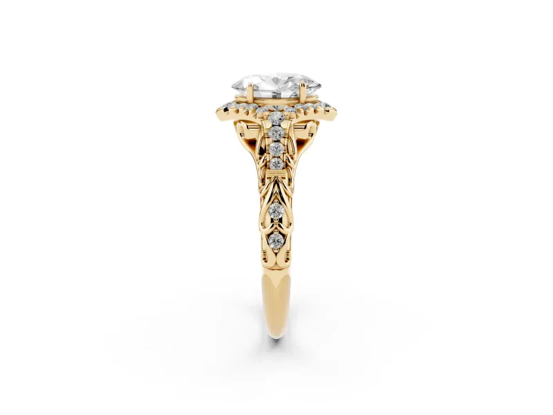 Oval Hidden Halo Filigree Engagement Ring Setting | Pavé Shoulders | Yellow Gold