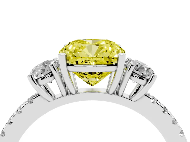 Cushion Cut Three Stone Engagement Ring Setting for a Fancy Yellow Lab-Grown Diamond | Pave Shoulders | Sterling Silver