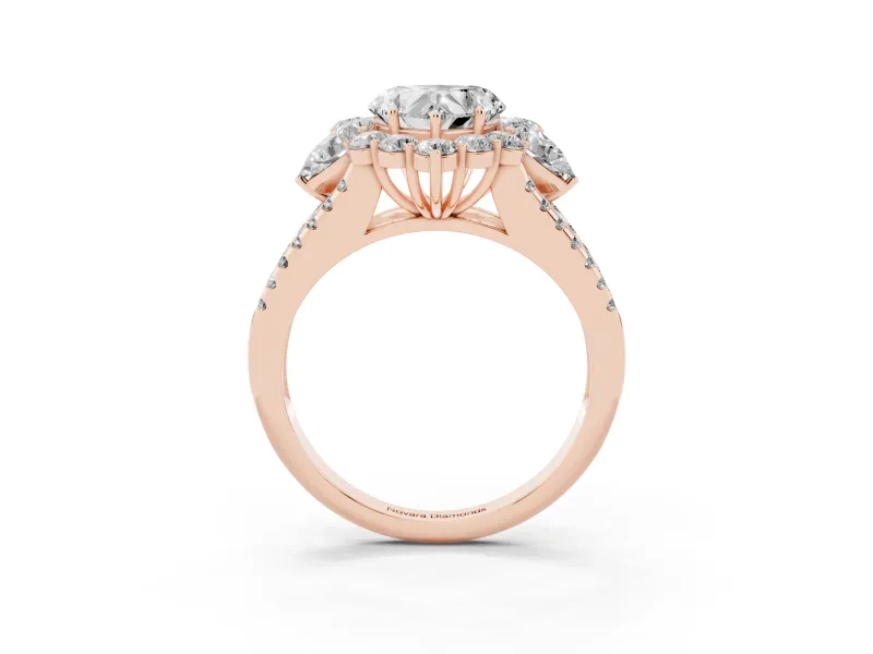 Heart-Shaped Scalloped Halo Engagement Ring Setting | Pear Side Stones | Rose Gold