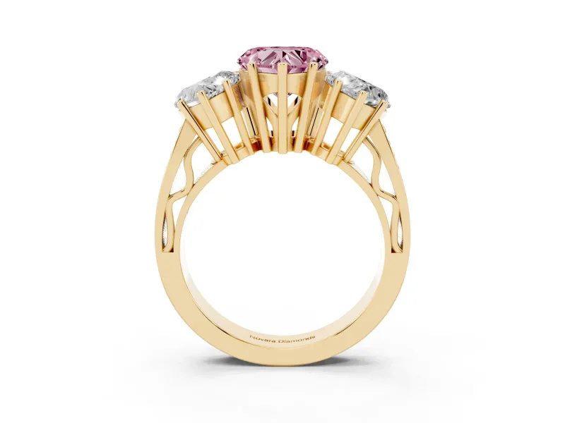 Heart-Shaped Three Stone Engagement Ring Setting for a Fancy Pink Lab-Grown Diamond | Beaded Shoulders | Yellow Gold