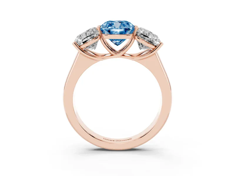 Cushion Cut Three Stone Engagement Ring Setting for a Fancy Blue Lab-Grown Diamond | Basket Prong Heads | Rose Gold