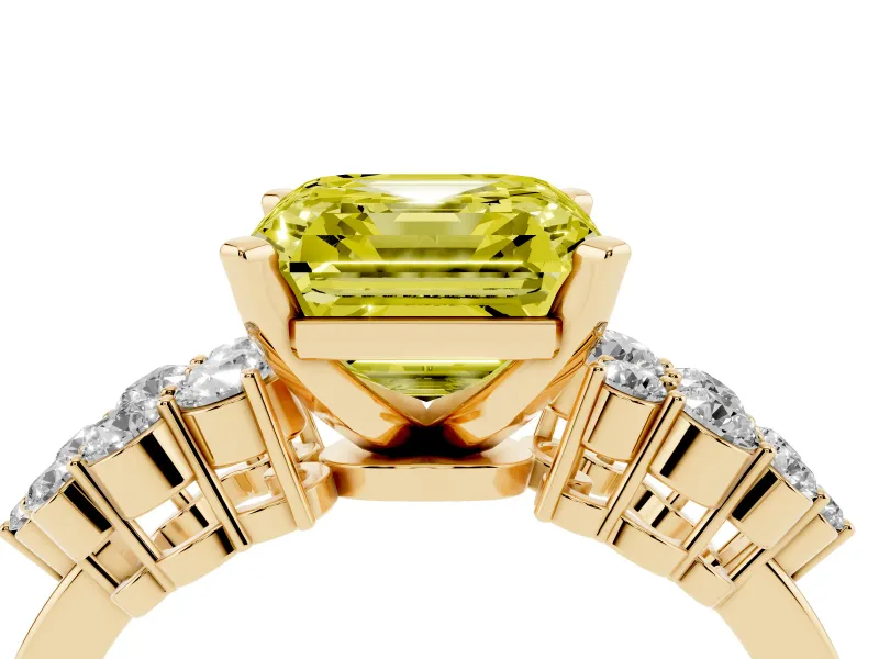 Asscher Cut Side Stone Engagement Ring Setting for a Fancy Yellow Lab-Grown Diamond | Shoulder Clusters | Yellow Gold