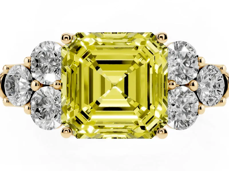 Asscher Cut Side Stone Engagement Ring Setting for a Fancy Yellow Lab-Grown Diamond | Yellow Gold