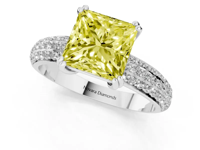 Princess Cut Three Row Pave Engagement Ring Setting for a Fancy Yellow Lab-Grown Diamond | Double Claws | White Gold