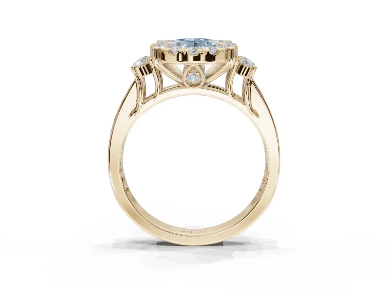 Oval Halo Engagement Ring Setting for a Fancy Blue Lab-Grown Diamond | Side Clusters | Yellow Gold