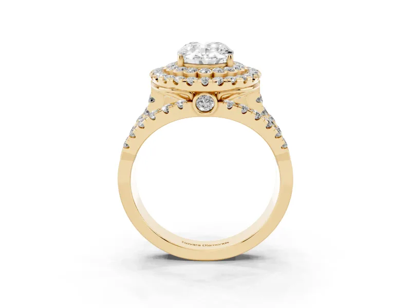 Oval Double Halo Split Shank Engagement Ring Setting | Pave Strands | Yellow Gold