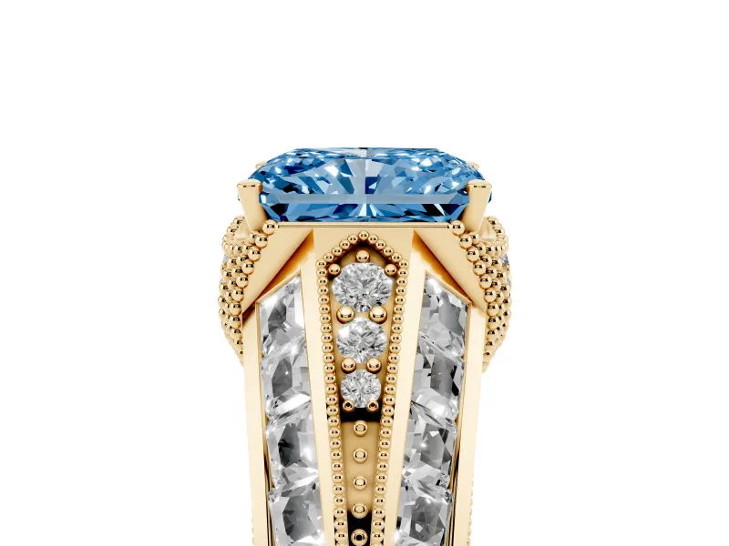 Fancy Blue Radiant Cut Diamond Vintage-Inspired Milgrain Ring Set in Yellow gold with Accent Split Shank