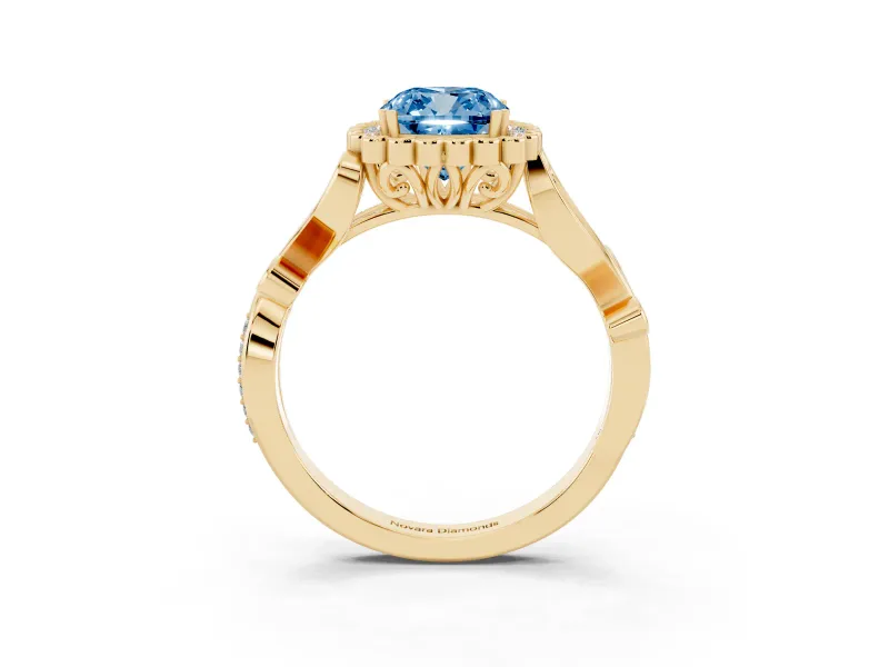 Cushion Cut Leaf Halo Engagement Ring Setting for a Fancy Blue Lab-Grown Diamond | Yellow Gold
