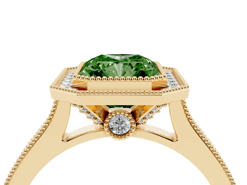 Radiant Cut Vintage Milgrain Halo Engagement Ring Setting for a Fancy Green Lab-Grown Diamond | Bezel Head | Yellow Gold