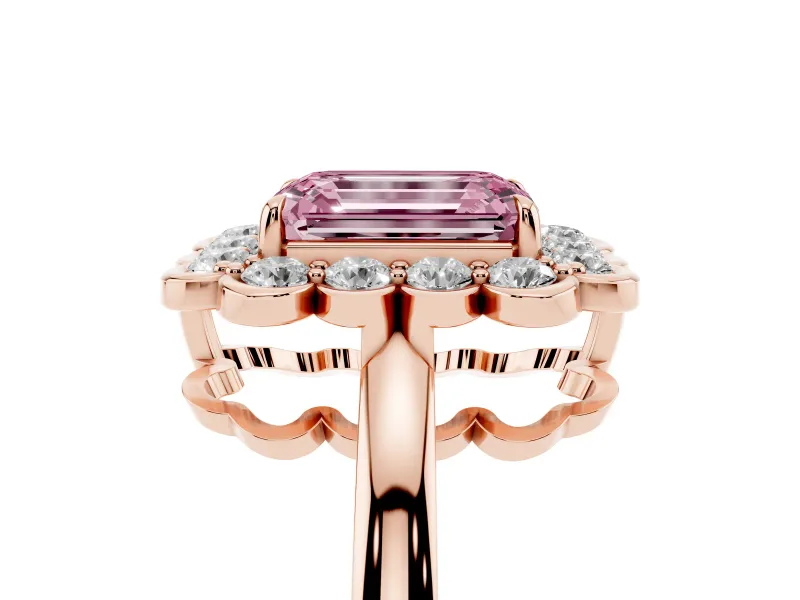 Emerald Cut Scalloped Cluster Halo Engagement Ring Setting for a Fancy Pink Lab-Grown Diamond | Plain Band | Rose Gold