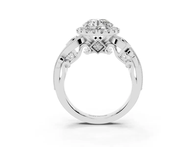Round Cut Diamond Halo Ring Set in White gold with Milgrain Pavé Band and Prong Setting