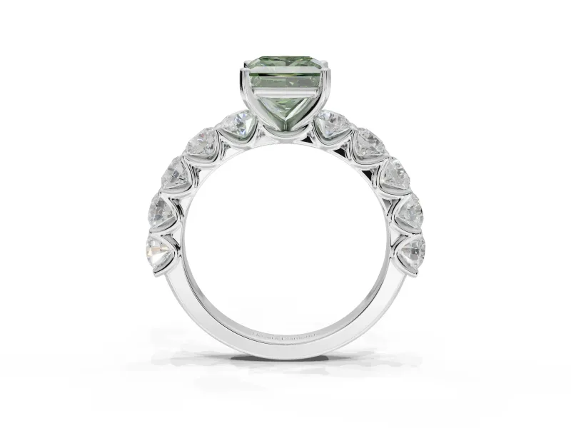 Princess Cut Side Stone Engagement Ring Setting for a Fancy Green Lab-Grown Diamond | Scalloped Prong Accents | Platinum