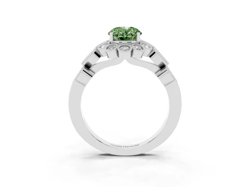 Oval Scalloped Halo Engagement Ring Setting for a Fancy Green Lab-Grown Diamond | Heart Pavé Band | Platinum