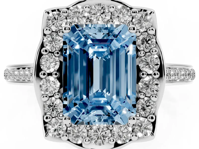 Emerald Cut Petal Tip Halo Engagement Ring Setting for a Fancy Blue Lab-Grown Diamond | Pavé Band | Sterling Silver