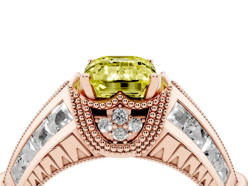 Fancy Yellow Emerald Cut Diamond Vintage-Inspired Milgrain Ring Set in Rose gold with Accent Split Shank