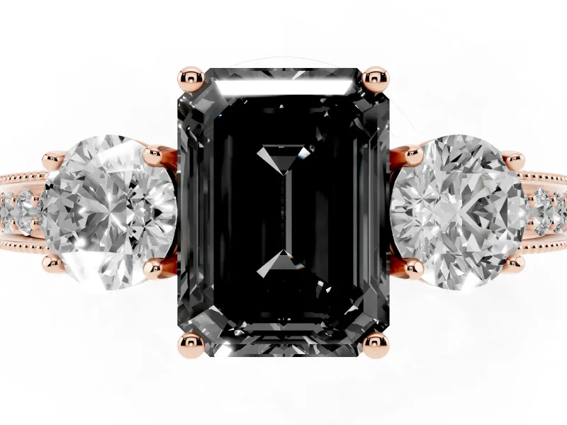 Fancy Black Emerald Cut Diamond Three-Stone Ring Set in Rose gold with Round Side Stones and Pavé Band