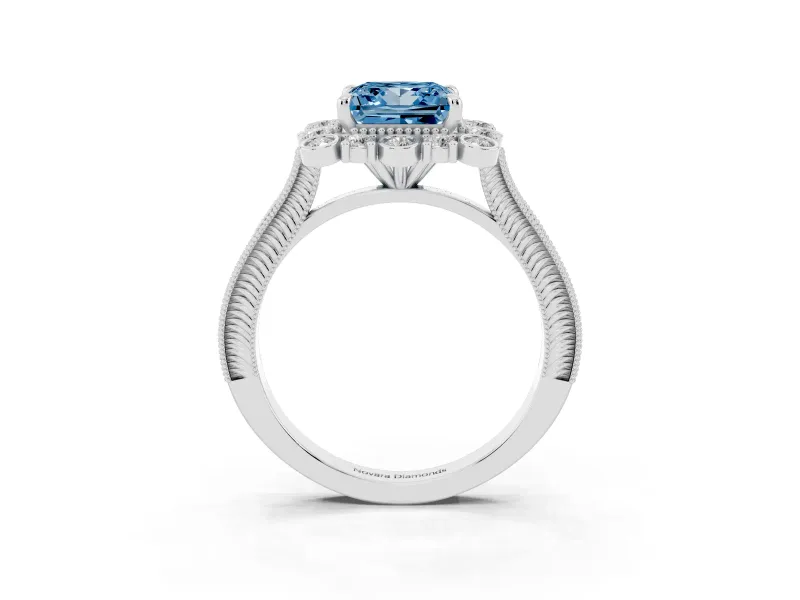 Princess Cut Scalloped Halo Engagement Ring Setting for a Fancy Blue Lab-Grown Diamond | Milgrain Edges | White Gold