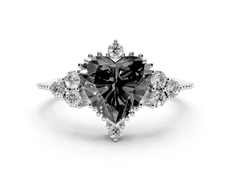 Fancy Black Heart Cut Diamond Cluster Ring Set in Platinum with Beaded Band