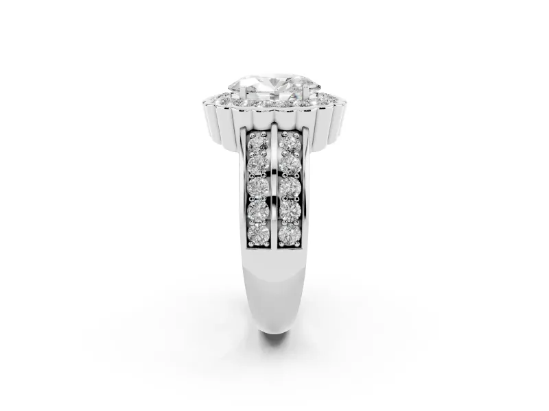 Oval Cut Diamond Scalloped Halo Ring Set in Platinum with Pavé Split Shank