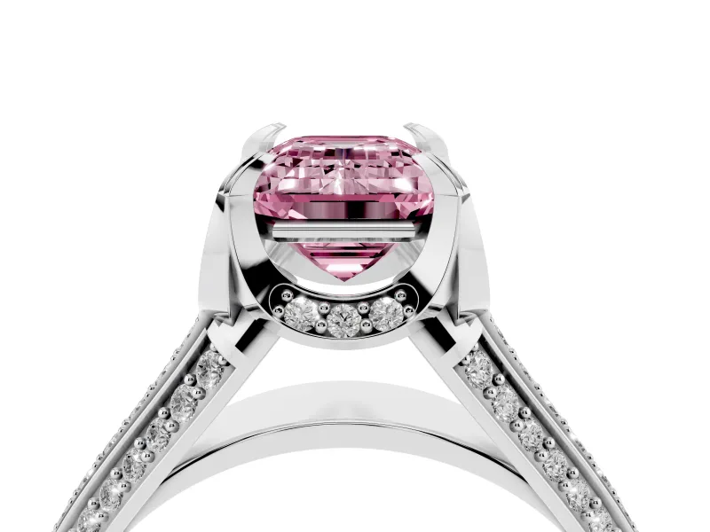 Fancy Pink Emerald Cut Diamond Pavé Split Shank Solitaire Ring Set in Silver with Prong Setting