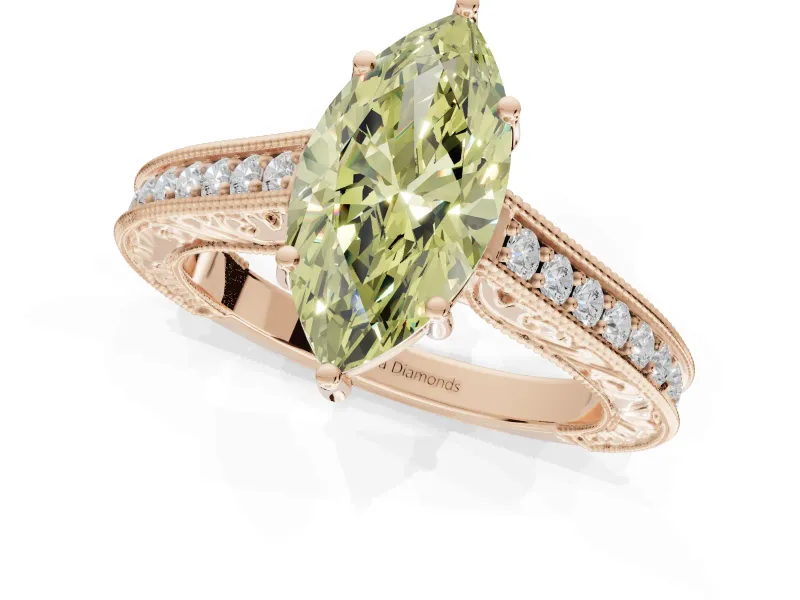 Marquise Vintage Engraved Pavé Engagement Ring Setting for a Fancy Yellow Lab-Grown Diamond | Milgrain Edges | Rose Gold