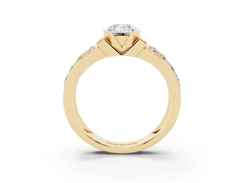 Emerald Cut Half Bezel Engagement Ring Setting | Double Row Channel Band | Yellow Gold