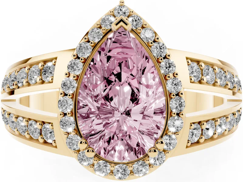 Pear-Shaped Halo Engagement Ring Setting for a Fancy Pink Lab-Grown Diamond | Two-Row Pave Split Shank | Yellow Gold
