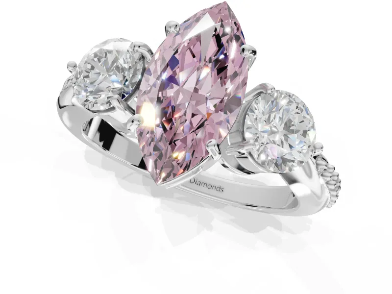 Marquise Three Stone Engagement Ring Setting for a Fancy Pink Lab-Grown Diamond | Tapered Pave Band | Sterling Silver