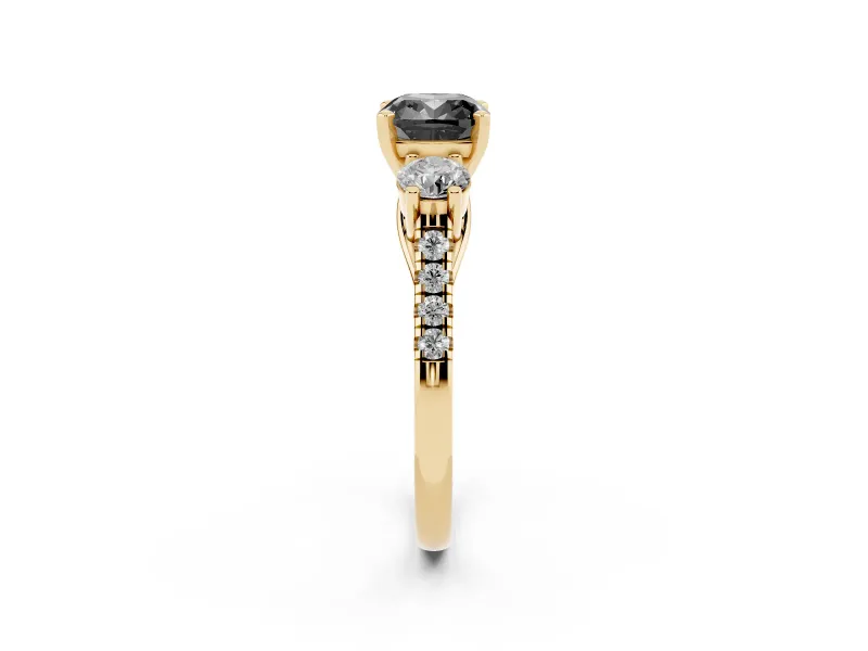Cushion Cut Three-Stone Engagement Ring Setting for a Black Center | Pavé Shoulders | Yellow Gold