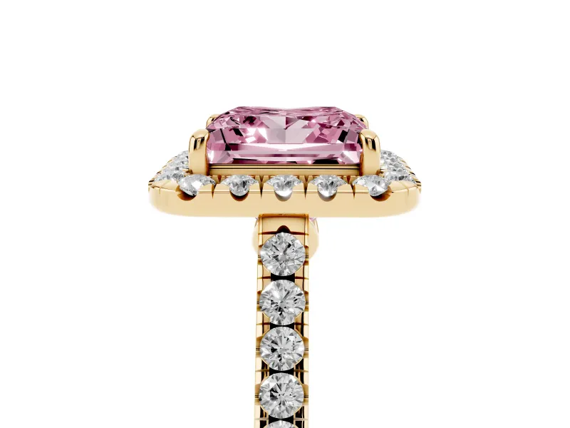 Princess Cut Halo Engagement Ring Setting for a Fancy Pink Lab-Grown Diamond | Pave Shoulders | Yellow Gold