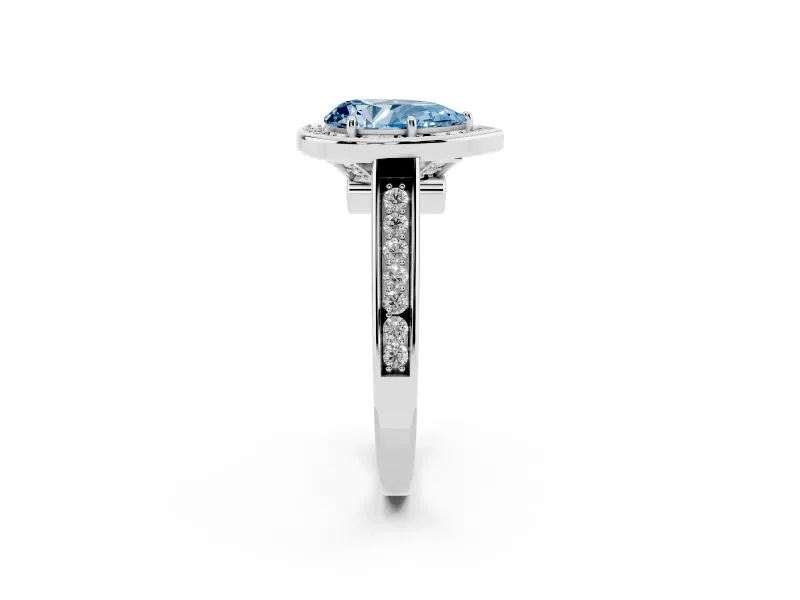 Fancy Blue Pear Cut Diamond Halo Solitaire Ring Set in White gold with Pavé Band and Bezel Setting