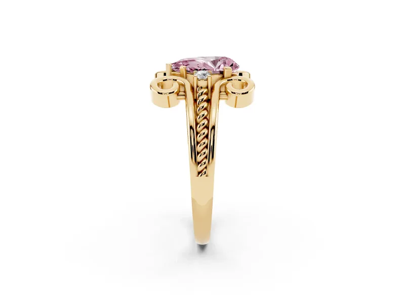 Fancy Pink Pear Cut Diamond Twisted Band Solitaire Ring Set in Yellow gold with Scroll Prongs