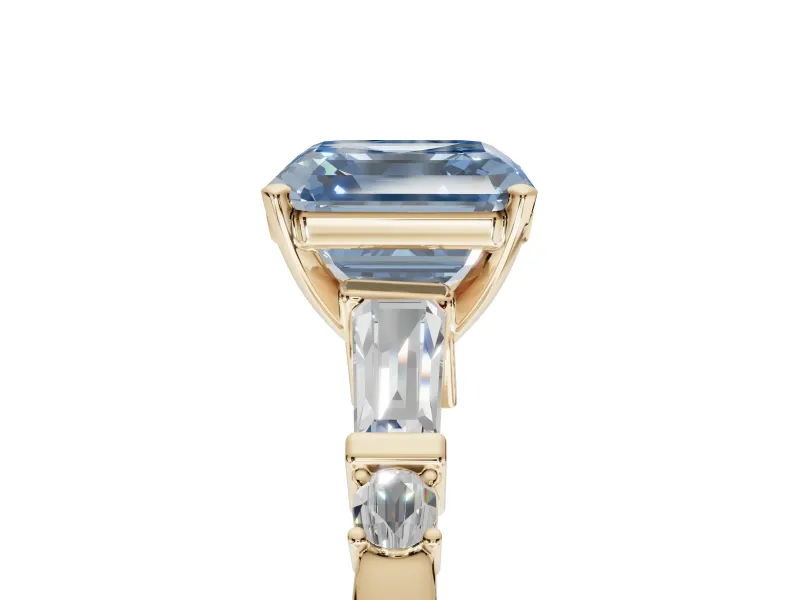 Asscher Cut Tapered Baguette Engagement Ring Setting for a Fancy Blue Lab-Grown Diamond | Bar Set Sides | Yellow Gold