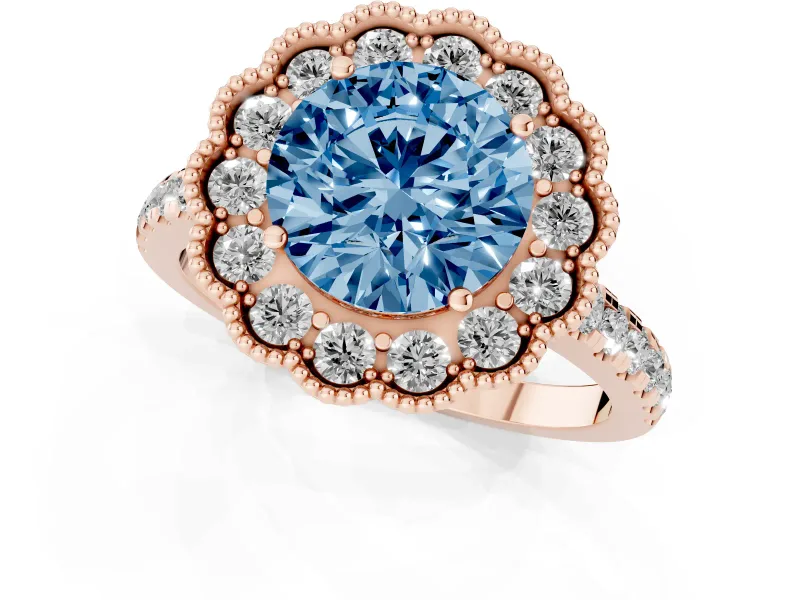 Fancy Blue Round Cut Diamond Milgrain Floral Halo Engagement Ring Set in Rose gold with Pavé Band
