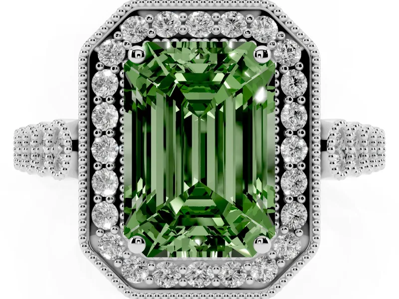 Emerald Cut Graduated Milgrain Halo Engagement Ring Setting for a Fancy Green Lab-Grown Diamond | White Gold