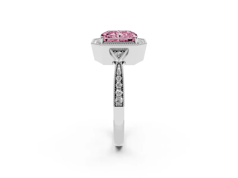 Fancy Pink Radiant Cut Diamond Halo Engagement Ring Set in Silver with Milgrain Pavé Band