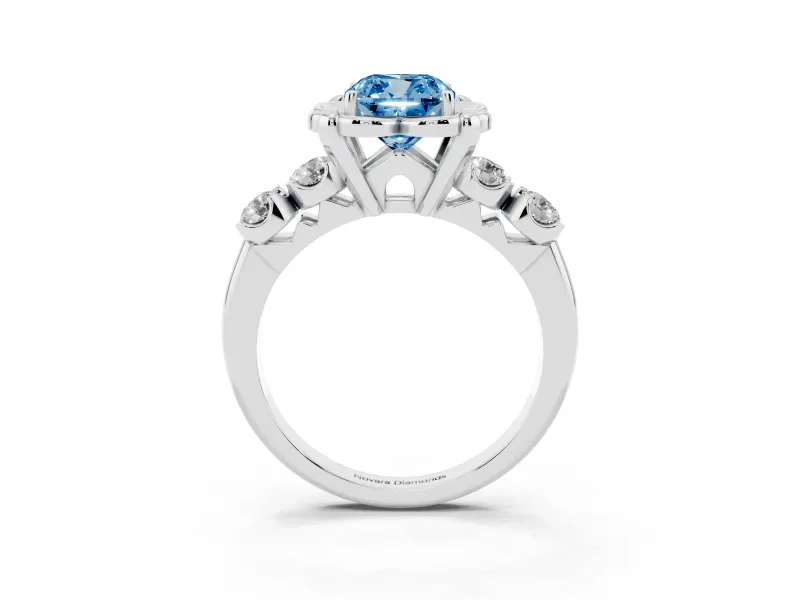Cushion Cut Floral Engagement Ring Setting for a Fancy Blue Lab-Grown Diamond | Petal Frame and Side Stones | Platinum