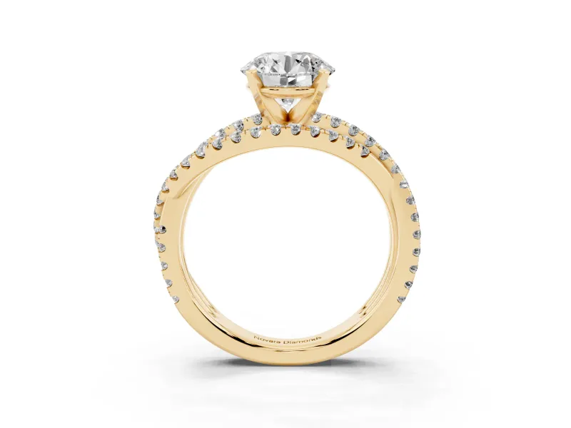 Round Twisted Pavé Solitaire Engagement Ring Setting | Three-Strand Band | Yellow Gold