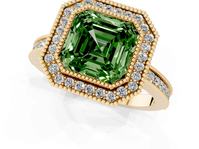 Fancy Green Asscher Cut Diamond Halo Ring Set in Yellow gold with Pavé Band and Milgrain-Edged Prongs
