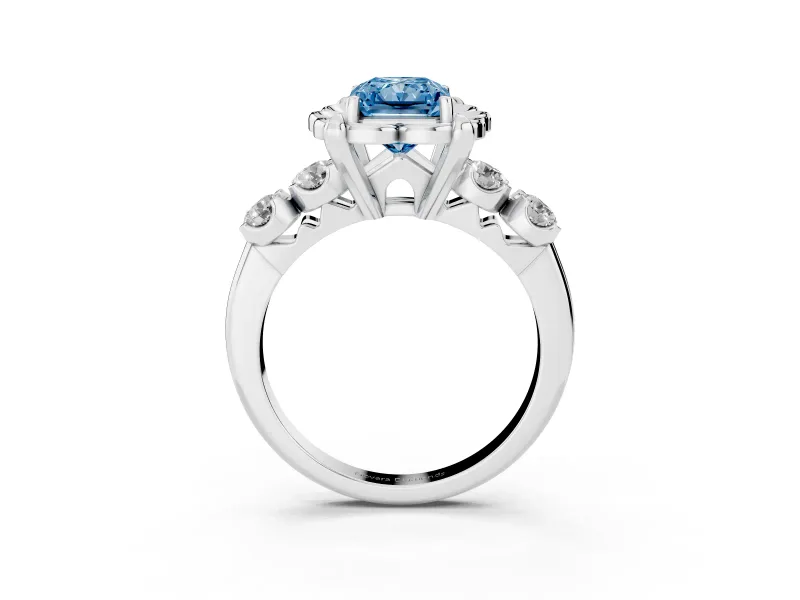 Fancy Blue Radiant Cut Diamond Floral Halo Ring Set in Silver with Shared Prong Band