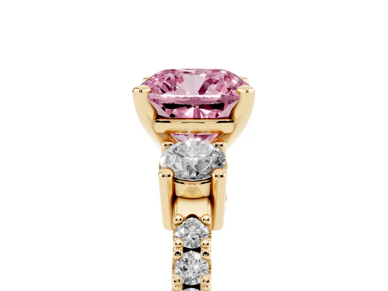 Fancy Pink Three-Stone Cushion Cut Diamond Pavé Band Ring Set in Yellow gold with Prong Setting