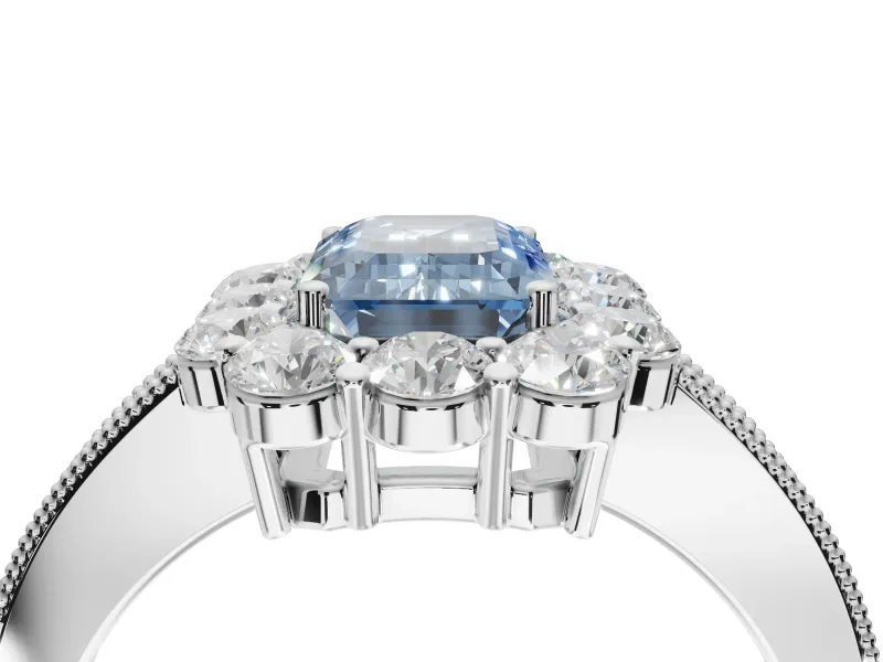 Emerald Cut Vintage Halo Engagement Ring Setting for a Fancy Blue Lab-Grown Diamond | Platinum