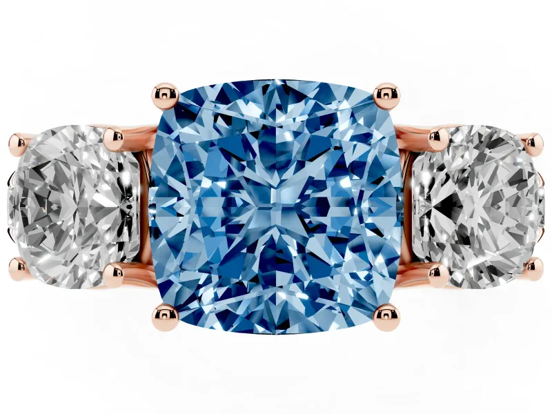 Fancy Blue Cushion Cut Diamond Three-Stone Ring Set in Rose gold with Pavé Band