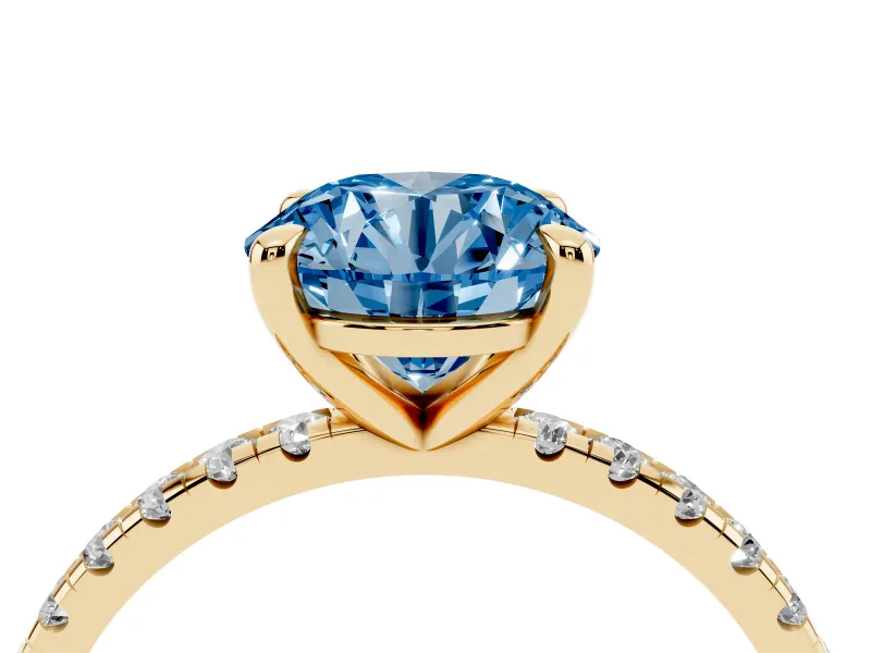 Round Petite Pavé Solitaire Engagement Ring Setting for a Fancy Blue Lab-Grown Diamond | Slim Band | Yellow Gold