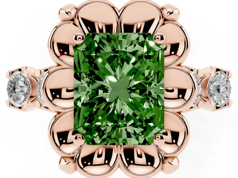 Radiant Cut Floral Engagement Ring Setting for a Fancy Green Lab-Grown Diamond | Petal Frame and Side Stones | Rose Gold