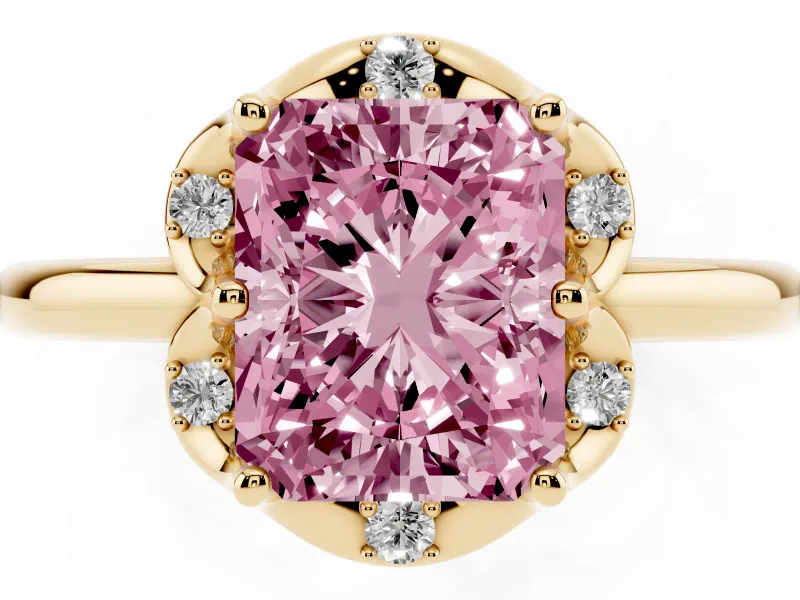 Radiant Cut Petal Halo Engagement Ring Setting for a Fancy Pink Lab-Grown Diamond | Yellow Gold