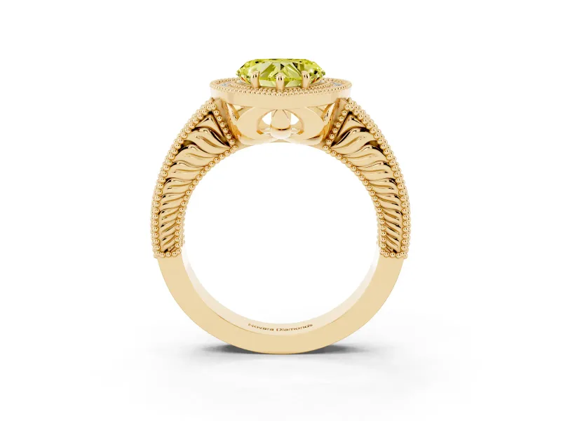 Fancy Yellow Heart Cut Diamond Halo Ring Set in Yellow gold with Round Accent Halo, Pavé Band and Prong Setting