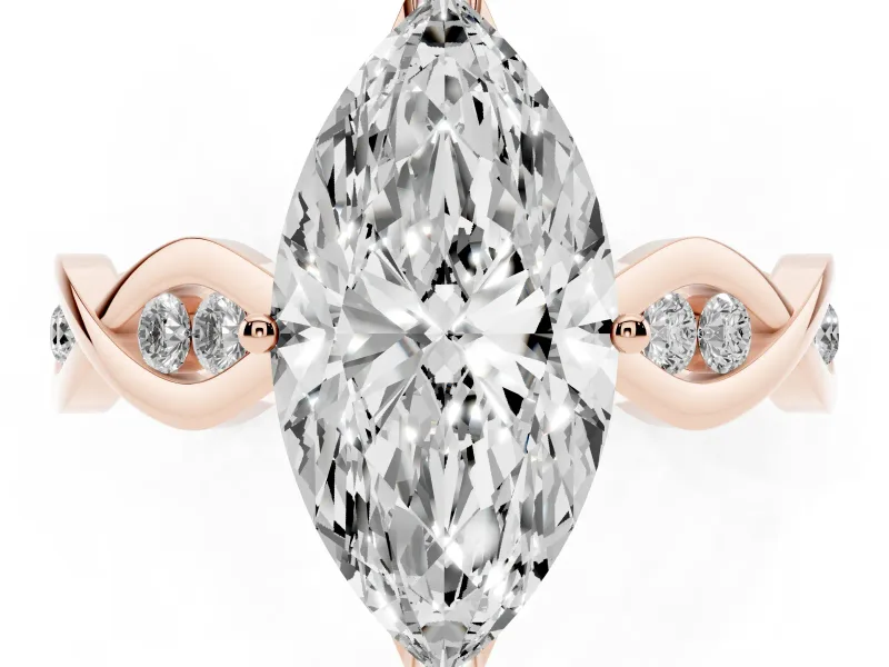 Marquise Cut Diamond Twist Band Solitaire Ring Set in Rose gold with Leaf Prong Setting and Accent Stones