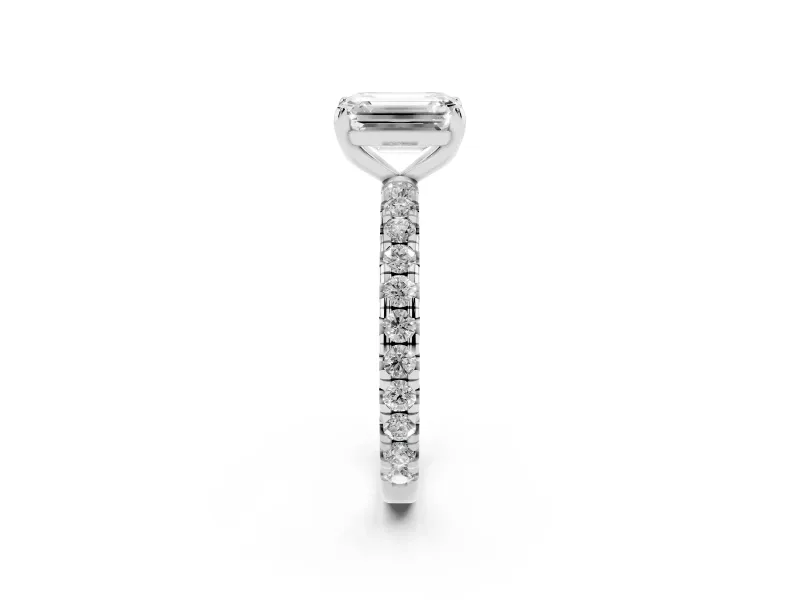 Emerald Cut Diamond Pavé Solitaire Ring Set in Silver with Round Band and Prong Setting