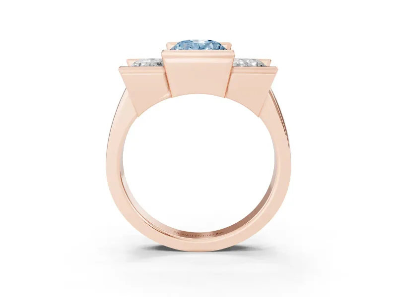 Fancy Blue Oval Cut Diamond Three-Stone Channel Set Ring Set in Rose gold with Smooth Polished Band